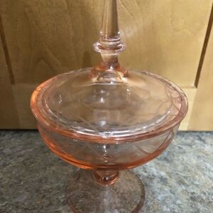 Vtg Pink/Peach Depression Glass Etched Candy Dish